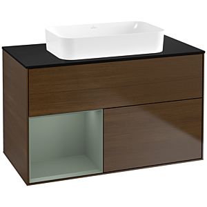 Villeroy und Boch Finion Waschtischunterschrank G652GMGN 100x60,3x50,1cm, Regal links Olive Matt Lacquer, Walnut veneer
