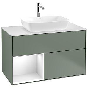 Villeroy et Boch Finion Villeroy et Boch G771GFGM 100cm, plaque de recouvrement blanc mat, emotion, étagères laqué blanc brillant, Olive Matt Lacquer