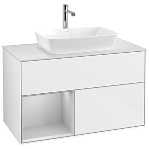 Villeroy und Boch Finion Waschtischunterschrank G771GJGF 100cm, Abdeckplatte white matt, Emotion, Regale Light grey matt lacquer, Glossy white lacquer