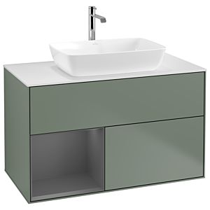 Villeroy et Boch Finion Villeroy et Boch G771GKGM 100cm, plaque de recouvrement blanc mat, Emotion, étagères laqué anthracite mat, Olive Matt Lacquer
