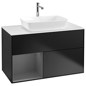 Villeroy et Boch Finion Villeroy et Boch G771GKPD 100cm, plateau blanc mat, Emotion, étagères laqué anthracite mat, laqué noir mat