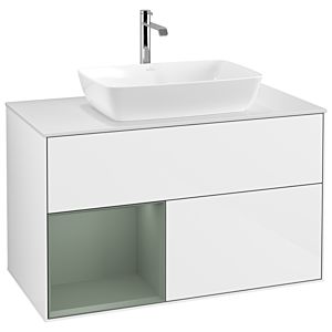 Villeroy et Boch Finion Villeroy et Boch G771GMGF 100cm, plaque de recouvrement blanc mat, Emotion, étagères laqué olive mat, laqué blanc brillant