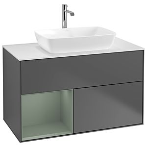 Villeroy und Boch Finion Waschtischunterschrank G771GMGK 100cm, Abdeckplatte white matt, Emotion, Regale Olive matt lacquer, Anthracite matt