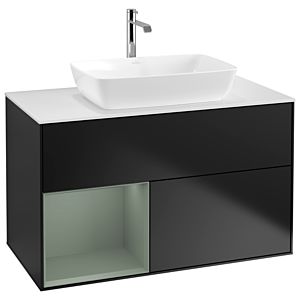 Villeroy et Boch Finion Villeroy et Boch G771GMPD 100cm, plaque de recouvrement blanc mat, Emotion, étagères laqué olive mat, laqué noir mat