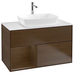 Villeroy und Boch Finion Waschtischunterschrank G771GNGN 100cm, Abdeckplatte white matt, Emotion, Regale Walnut Veneer, Walnut veneer