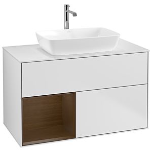 Villeroy und Boch Finion Waschtischunterschrank G771GNMT 100cm, Abdeckplatte white matt, Emotion, Regale Walnut Veneer, White matt lacquer