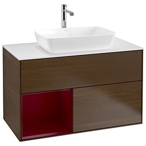 Villeroy und Boch Finion Waschtischunterschrank G771HBGN 100cm, Abdeckplatte white matt, Emotion, Regale Peony matt lacquer, Walnut veneer