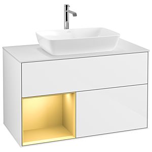 Villeroy et Boch Finion Villeroy et Boch G771HFGF 100cm, plaque de recouvrement blanc mat, Emotion, étagères laqué or mat, laqué blanc brillant