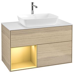 Villeroy et Boch Finion Villeroy et Boch G771HFPC 100cm, plaque de recouvrement blanc mat, Emotion, étagères laqué or mat, Oak Veneer