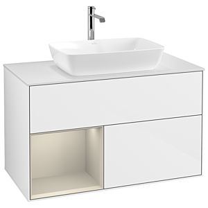 Villeroy und Boch Finion Waschtischunterschrank G771HHGF 100cm, Abdeckplatte white matt, Emotion, Regale sand matt lacquer, Glossy white lacquer