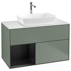 Villeroy und Boch Finion Waschtischunterschrank G771PDGM 100cm, Abdeckplatte white matt, Emotion, Regale Black matt lacquer, Olive Matt Lacquer