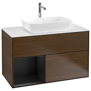 Villeroy und Boch Finion Waschtischunterschrank G771PDGN 100cm, Abdeckplatte white matt, Emotion, Regale Black matt lacquer, Walnut veneer