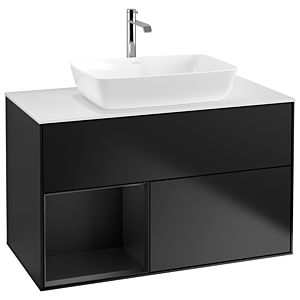 Villeroy et Boch Finion Villeroy et Boch G771PDPD 100cm, plaque de recouvrement blanc mat, Emotion, étagères laqué noir mat, laqué noir mat