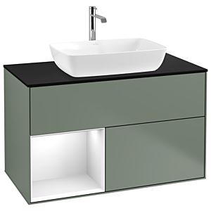Villeroy und Boch Finion Waschtischunterschrank G772GFGM 100cm, Abdeckplatte black matt, Emotion, Regale Glossy white lacquer, Olive Matt Lacquer