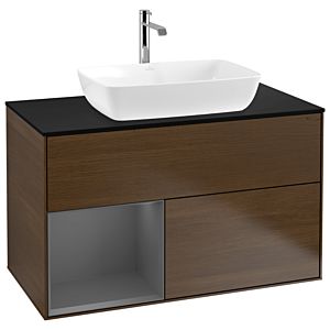 Villeroy und Boch Finion Waschtischunterschrank G772GKGN 100cm, Abdeckplatte black matt, Emotion, Regale Anthracite matt lacquer, Walnut veneer