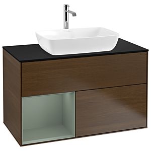 Villeroy und Boch Finion Waschtischunterschrank G772GMGN 100cm, Abdeckplatte black matt, Emotion, Regale Olive matt lacquer, Walnut veneer