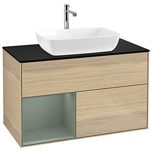 Villeroy und Boch Finion Waschtischunterschrank G772GMPC 100cm, Abdeckplatte black matt, Emotion, Regale Olive matt lacquer, Oak Veneer