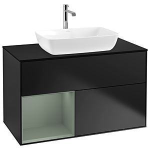 Villeroy und Boch Finion Waschtischunterschrank G772GMPD 100cm, Abdeckplatte black matt, Emotion, Regale Olive matt lacquer, Black matt lacquer