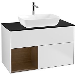 Villeroy und Boch Finion Waschtischunterschrank G772GNMT 100cm, Abdeckplatte black matt, Emotion, Regale Walnut Veneer, White matt lacquer