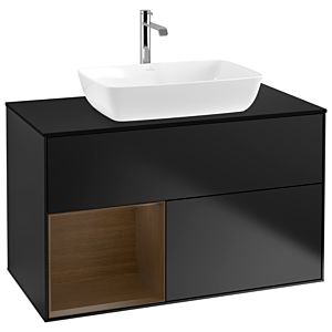 Villeroy und Boch Finion Waschtischunterschrank G772GNPD 100cm, Abdeckplatte black matt, Emotion, Regale Walnut Veneer, Black matt lacquer