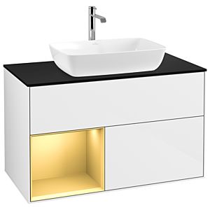 Villeroy und Boch Finion Waschtischunterschrank G772HFGF 100cm, Abdeckplatte black matt, Emotion, Regale Gold matt lacquer, Glossy white lacquer