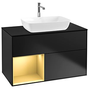 Villeroy und Boch Finion Waschtischunterschrank G772HFPD 100cm, Abdeckplatte black matt, Emotion, Regale Gold matt lacquer, Black matt lacquer