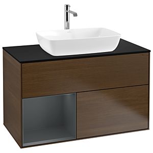 Villeroy und Boch Finion Waschtischunterschrank G772HGGN 100cm, Abdeckplatte black matt, Emotion, Regale Midnight matt lacquer, Walnut veneer