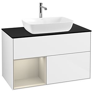 Villeroy und Boch Finion Waschtischunterschrank G772HHGF 100cm, Abdeckplatte black matt, Emotion, Regale sand matt lacquer, Glossy white lacquer