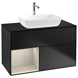 Villeroy und Boch Finion Waschtischunterschrank G772HHPD 100cm, Abdeckplatte black matt, Emotion, Regale sand matt lacquer, Black matt lacquer