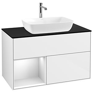 Villeroy et Boch Finion Villeroy et Boch G772MTGF 100cm, plaque de recouvrement noire mate, Emotion, étagères en laque blanche mate, laque blanche brillante