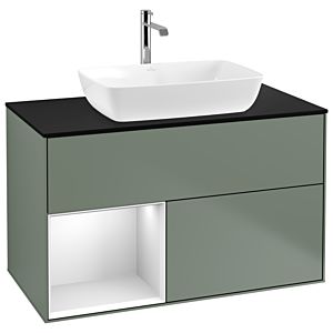 Villeroy et Boch Finion Villeroy et Boch G772MTGM 100cm, plaque de finition noir mat, Emotion, étagères laqué blanc mat, Olive Matt Lacquer