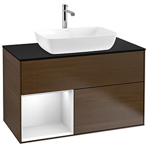 Villeroy und Boch Finion Waschtischunterschrank G772MTGN 100cm, Abdeckplatte black matt, Emotion, Regale White matt lacquer, Walnut veneer