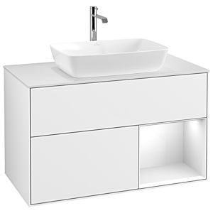 Villeroy und Boch Finion Waschtischunterschrank G781GFGF 100cm, Abdeckplatte white matt, Emotion, Regale Glossy white lacquer, Glossy white lacquer