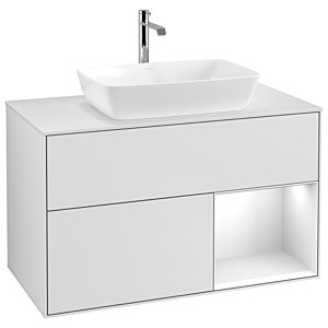 Villeroy et Boch Finion Villeroy et Boch G781GFMT 100cm, plaque de recouvrement blanc mat, Emotion, étagères laqué blanc brillant, laqué blanc mat