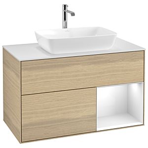 Villeroy et Boch Finion Villeroy et Boch G781GFPC 100cm, plaque de recouvrement blanc mat, Emotion, étagères Laque blanche brillante, Oak Veneer