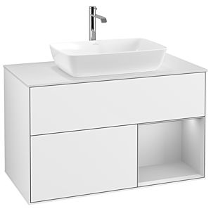 Villeroy und Boch Finion Waschtischunterschrank G781GJGF 100cm, Abdeckplatte white matt, Emotion, Regale Light grey matt lacquer, Glossy white lacquer