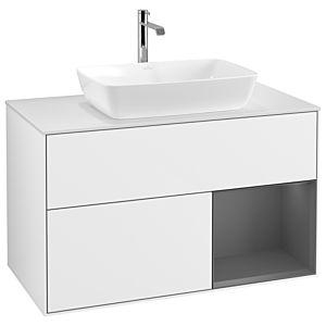 Villeroy und Boch Finion Waschtischunterschrank G781GKGF 100cm, Abdeckplatte white matt, Emotion, Regale Anthracite matt lacquer, Glossy white lacquer