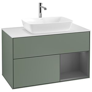 Villeroy und Boch Finion Waschtischunterschrank G781GKGM 100cm, Abdeckplatte white matt, Emotion, Regale Anthracite matt lacquer, Olive Matt Lacquer