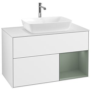 Villeroy und Boch Finion Waschtischunterschrank G781GMGF 100cm, Abdeckplatte white matt, Emotion, Regale Olive matt lacquer, Glossy white lacquer
