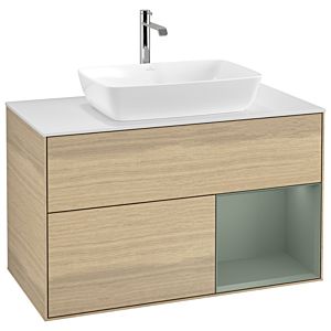 Villeroy et Boch Finion Villeroy et Boch G781GMPC 100cm, plaque de recouvrement blanc mat, Emotion, étagères laqué olive mat, Oak Veneer