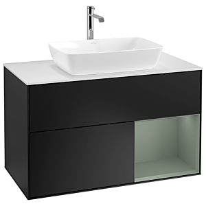Villeroy und Boch Finion Waschtischunterschrank G781GMPD 100cm, Abdeckplatte white matt, Emotion, Regale Olive matt lacquer, Black matt lacquer