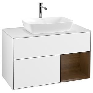 Villeroy und Boch Finion Waschtischunterschrank G781GNGF 100cm, Abdeckplatte white matt, Emotion, Regale Walnut Veneer, Glossy white lacquer