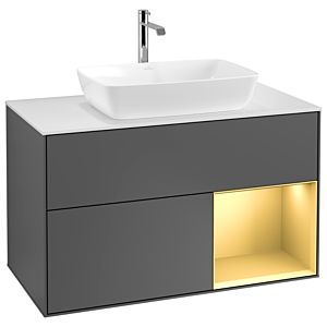 Villeroy und Boch Finion Waschtischunterschrank G781HFGK 100cm, Abdeckplatte white matt, Emotion, Regale Gold matt lacquer, Anthracite matt