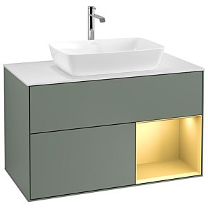 Villeroy und Boch Finion Waschtischunterschrank G781HFGM 100cm, Abdeckplatte white matt, Emotion, Regale Gold matt lacquer, Olive Matt Lacquer