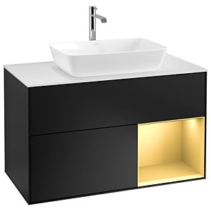 Villeroy und Boch Finion Waschtischunterschrank G781HFPD 100cm, Abdeckplatte white matt, Emotion, Regale Gold matt lacquer, Black matt lacquer