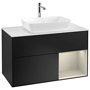 Villeroy und Boch Finion Waschtischunterschrank G781HHPD 100cm, Abdeckplatte white matt, Emotion, Regale sand matt lacquer, Black matt lacquer