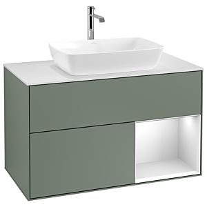 Villeroy et Boch Finion Villeroy et Boch G781MTGM 100cm, plaque de recouvrement blanc mat, Emotion, étagères laqué blanc mat, Olive Matt Lacquer