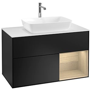 Villeroy und Boch Finion Waschtischunterschrank G781PCPD 100cm, Abdeckplatte white matt, Emotion, Regale Oak Veneer, Black matt lacquer