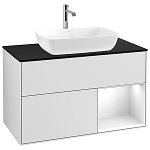 Villeroy et Boch Finion Villeroy et Boch G782GFMT 100cm, plaque de recouvrement noir mat, Emotion, étagères laqué blanc brillant, laqué blanc mat