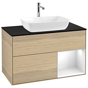 Villeroy and Boch Finion Villeroy and Boch Finion G782GFPC 100cm, cover plate black matt, Emotion, shelves Glossy white lacquer, Oak Veneer